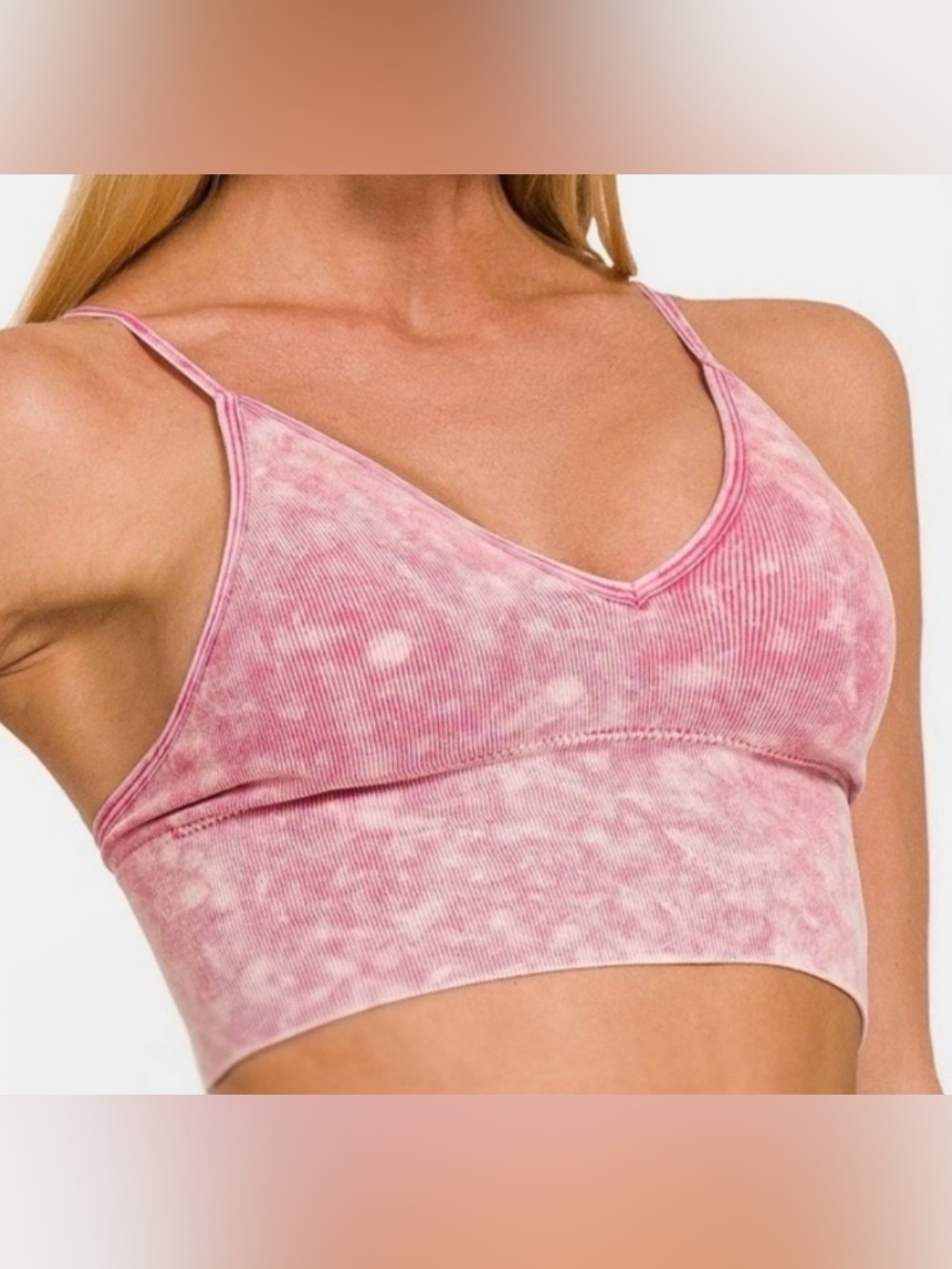 Zenana Outfitters Pink Acid Washed V-Neck Bralette